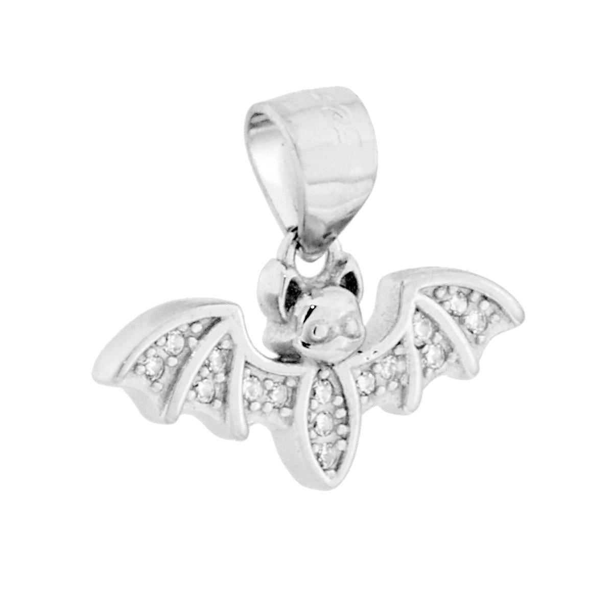 Ciondolo a forma di Pipistrello con finitura lucida e con cubic zirconia bianchi incastonati.