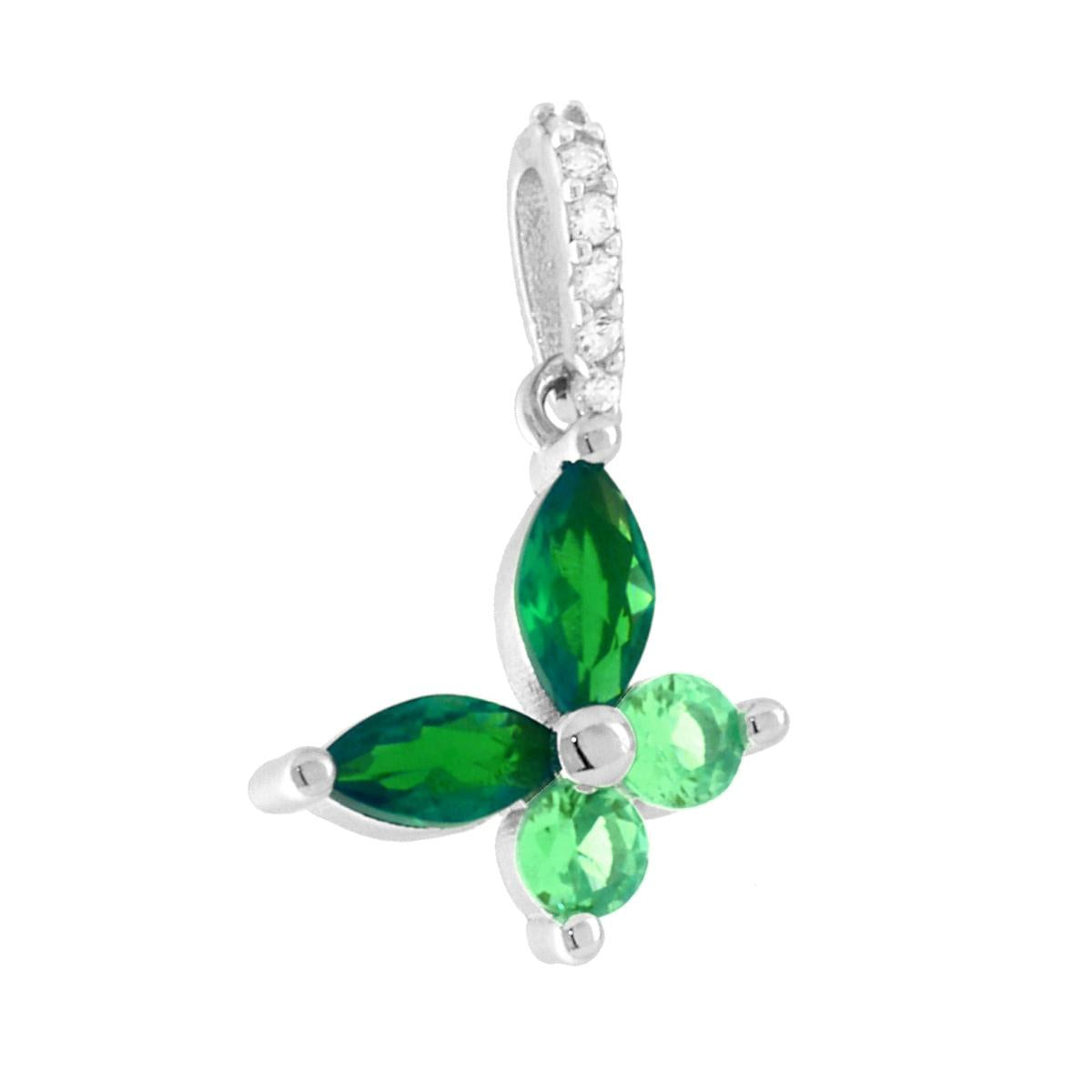 Ciondolo a forma di farfalla con cubic zirconia taglio marquise colore Verde Smeraldo e tondi verde chiaro, montati su 2 Griffe.<BR>Cubic zirconia bianchi montati su contromaglia.