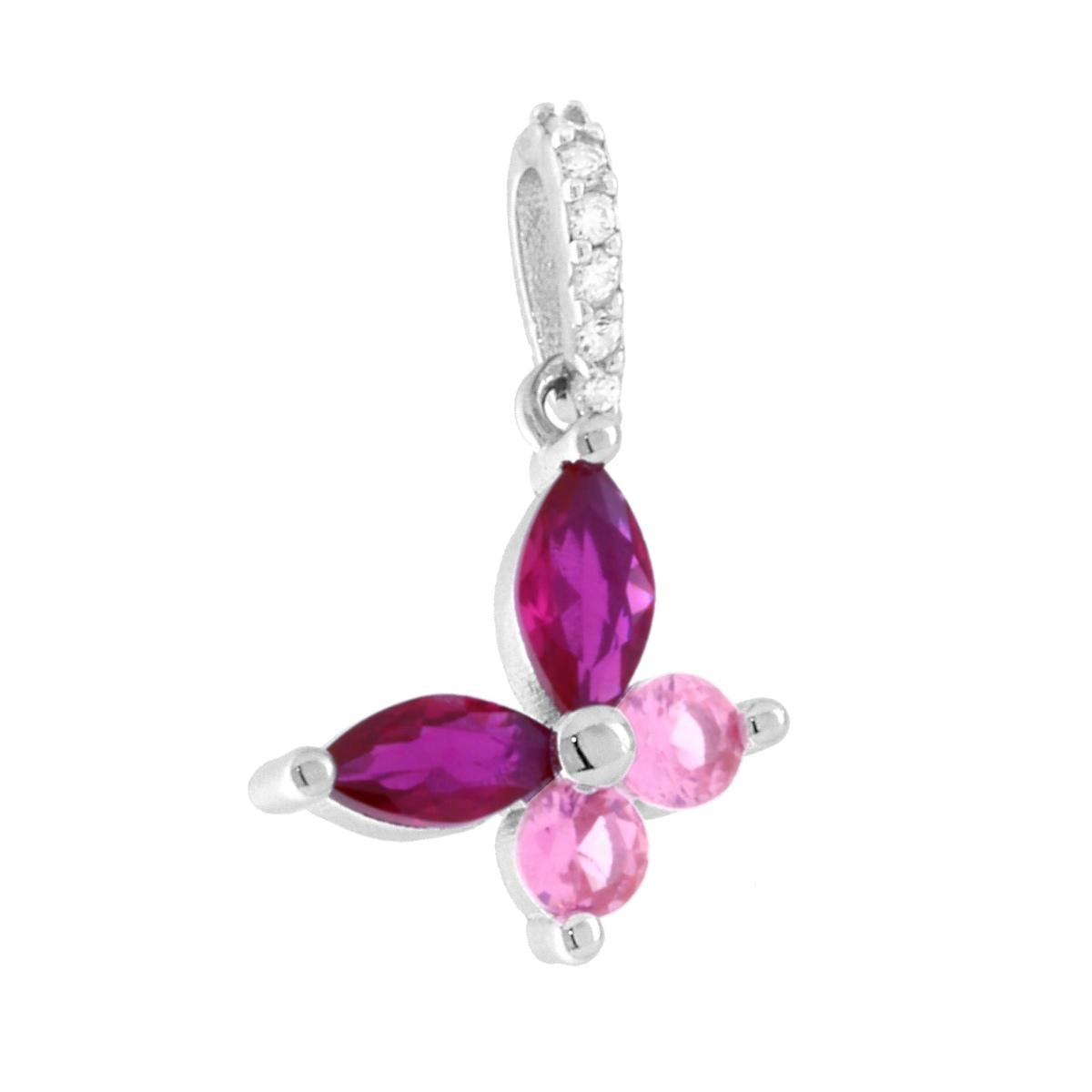 Ciondolo a forma di farfalla con cubic zirconia taglio marquise colore rosso rubino e tondi colore rosa, montati su 2 Griffe.<BR>Cubic zirconia bianchi montati su contromaglia.