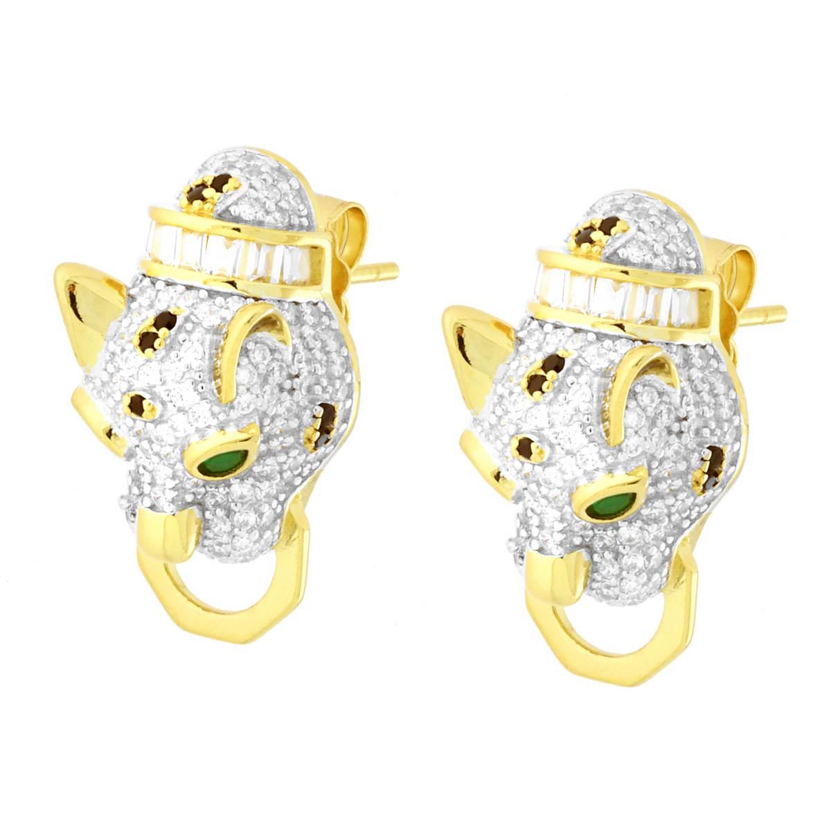 Orecchini Testa di Pantera con Cubic Zirconia Verde Smeraldo e Bianchi in ARGENTO 925 Galvanica Oro