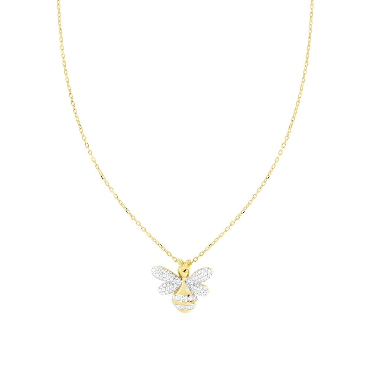 Collana Catena Forzatina Diamantata con Ape e Cubic Zirconia Bianchi in ARGENTO 925 Galvanica Oro