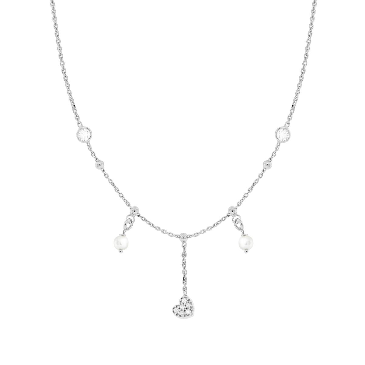 Collana Catena Forzatina Diamantata con Perle Cuore e Cubic Zirconia Bianchi in ARGENTO 925 Galvanica Rodio