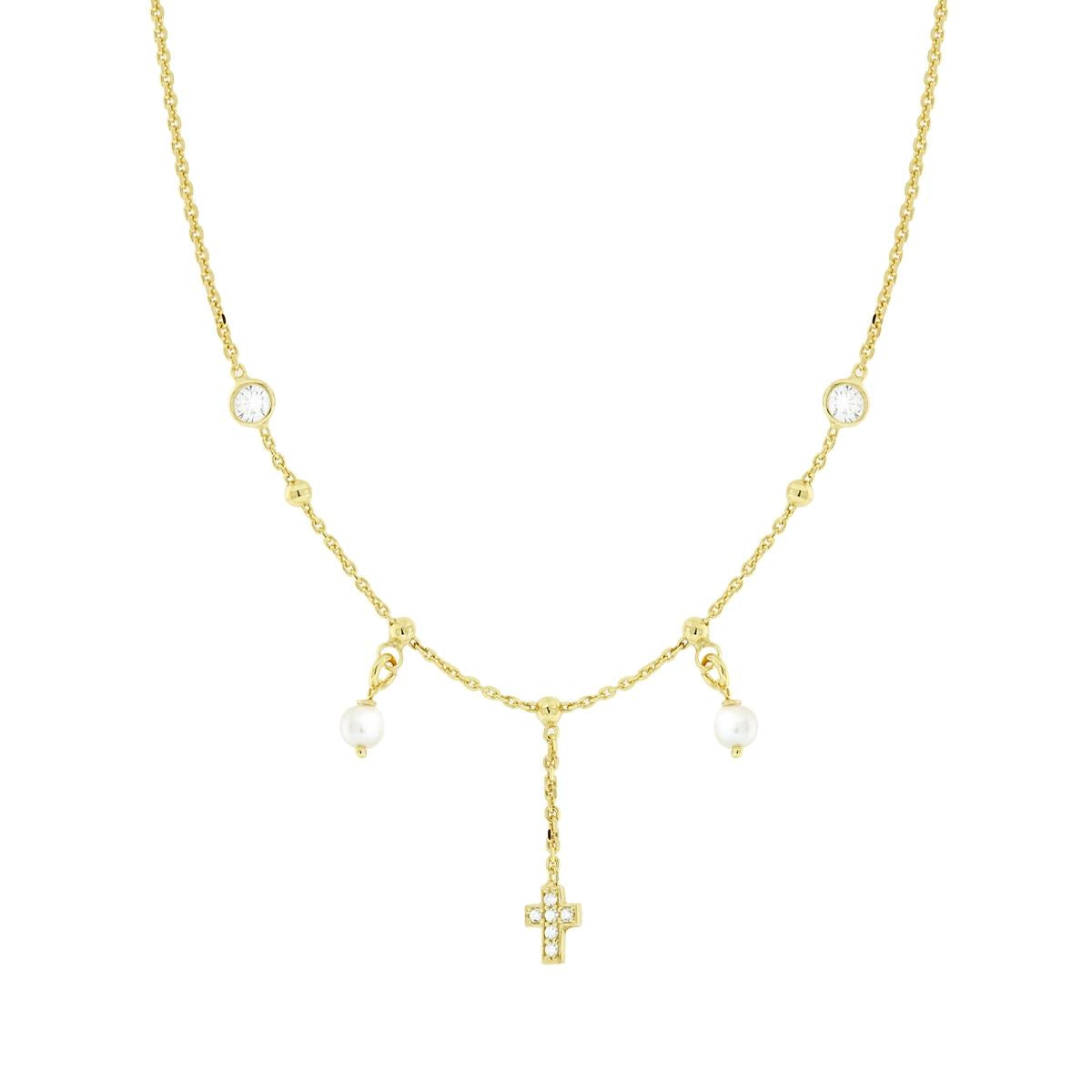 Collana Catena Forzatina Diamantata con Perle Croce e Cubic Zirconia Bianchi in ARGENTO 925 Galvanica Oro