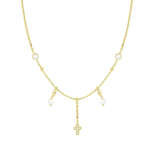 Collana Catena Forzatina Diamantata con Perle Croce e Cubic Zirconia Bianchi in ARGENTO 925 Galvanica Oro
