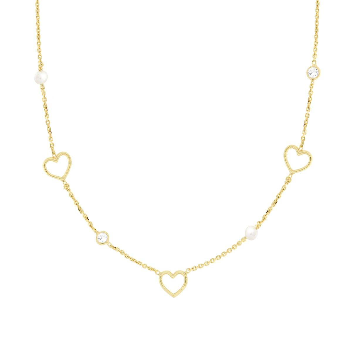 Collana Catena Forzatina Diamantata con Perle Cuori e Cubic Zirconia Bianchi in ARGENTO 925 Galvanica Oro