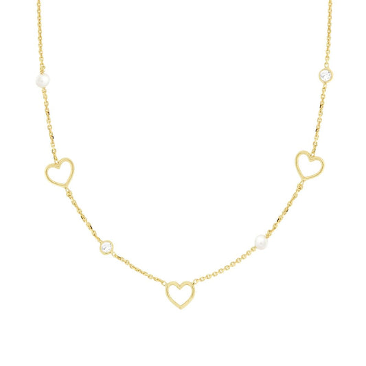 Collana Catena Forzatina Diamantata con Perle Cuori e Cubic Zirconia Bianchi in ARGENTO 925 Galvanica Oro