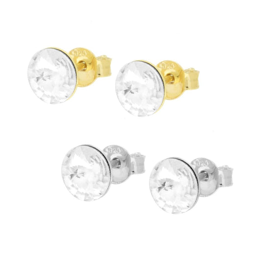 Orecchini Punto Luce mm 6 con Crystal Bianco in ARGENTO 925 Galvanica Rodio e Oro