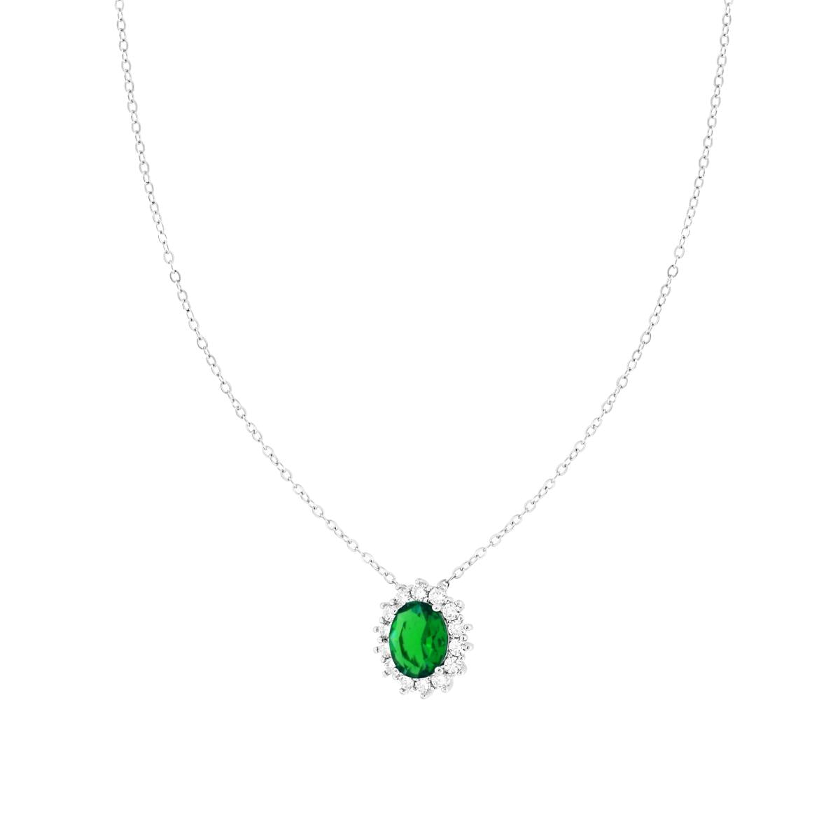 Collana Catena Forzatina Diamantata con Ovale Verde Smeraldo contornato da Cubic Zirconia Bianchi in ARGENTO 925 Galvanica Rodio