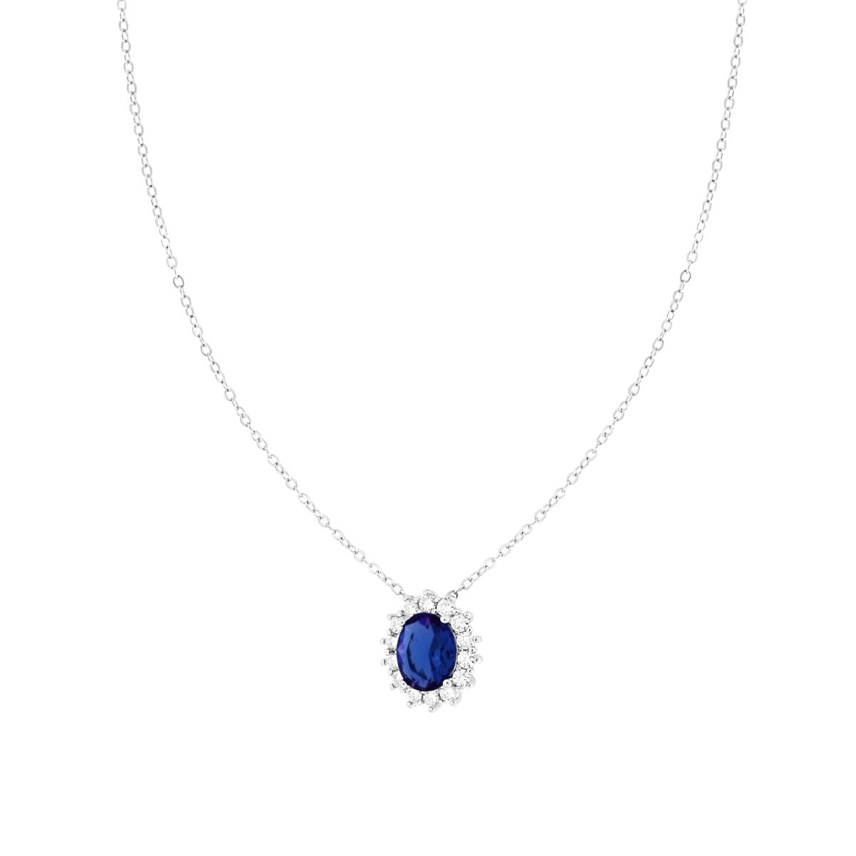 Collana Catena Forzatina Diamantata con Ovale Blu Zaffiro contornato da Cubic Zirconia Bianchi in ARGENTO 925 Galvanica Rodio