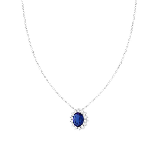Collana Catena Forzatina Diamantata con Ovale Blu Zaffiro contornato da Cubic Zirconia Bianchi in ARGENTO 925 Galvanica Rodio