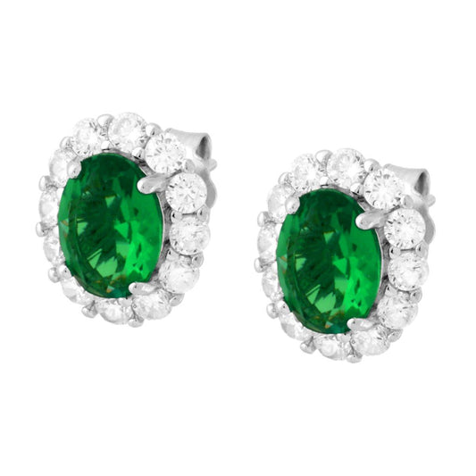 Orecchini Ovale Verde Smeraldo contornato da Cubic Zirconia Bianchi in ARGENTO 925 Galvanica Rodio