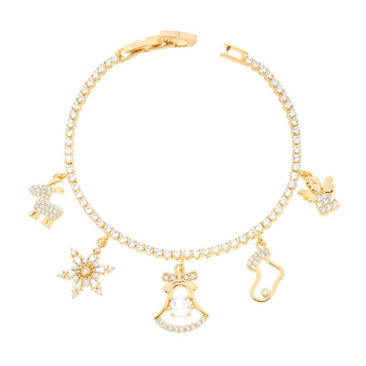 Bracciale Tennis con Accessori Natale pendenti e Crystal Bianchi in Acciaio colore Oro