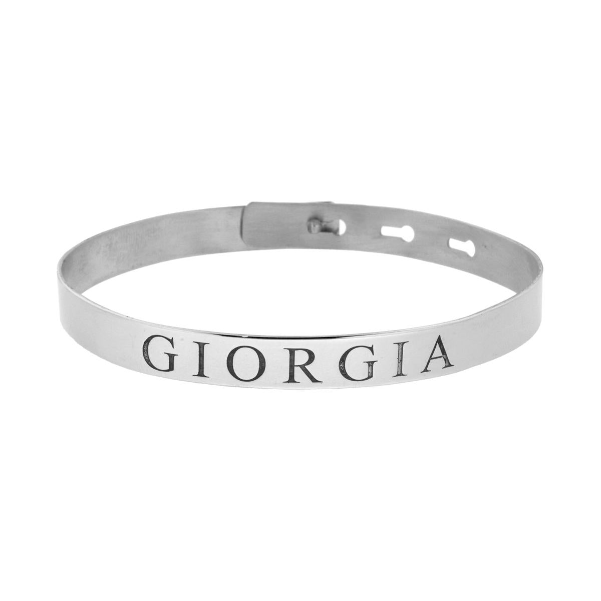 Bracciale a Schiava Liscio 7 mm con Nome GIORGIA inciso con Chiusura a Scatto in ARGENTO 925 Galvanica Rodio