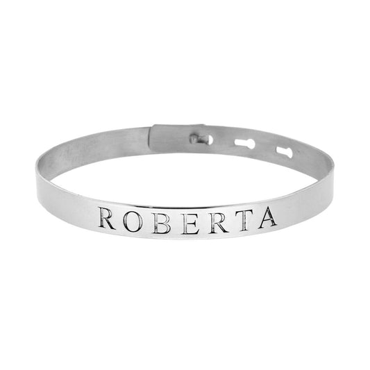 Bracciale a Schiava Liscio 7 mm con Nome ROBERTA inciso con Chiusura a Scatto in ARGENTO 925 Galvanica Rodio