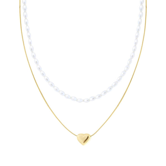 Collana due fili Catena Perle ovali e Coda di Topo con Cuore Bombato Passante in ACCIAIO colore Oro