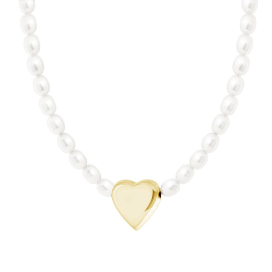 Collana Filo Perla Bianca Ovale mm 8 x 10 in vetro perlato con Cuore Bombato in ACCIAIO colore Oro