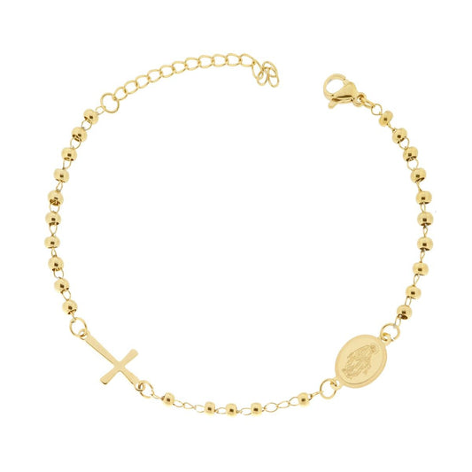 Bracciale Rosario cm 18+5 con Grani Pallina Liscia mm 3 con Croce e Medaglia Madonna in ACCIAIO colore Oro