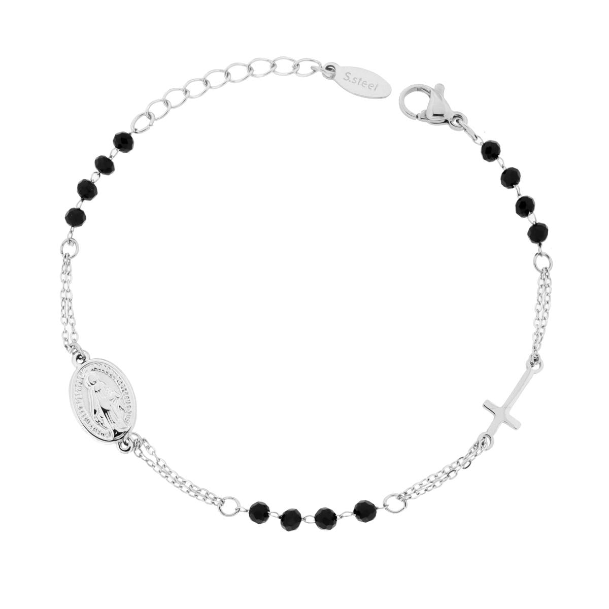 Bracciale Rosario con Grani Crystal Neri mm 3 con Croce e Medaglia Madonna in ACCIAIO