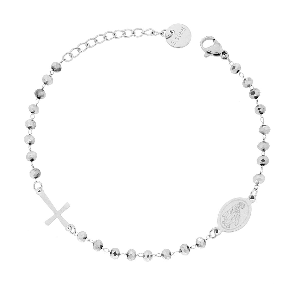 Bracciale Rosario con Grani Crystal Grigio Perla mm 3 con Croce e Medaglia Madonna in ACCIAIO
