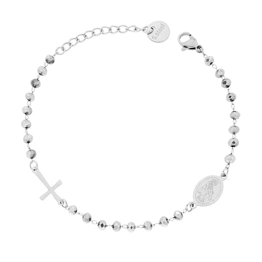 Bracciale Rosario con Grani Crystal Grigio Perla mm 3 con Croce e Medaglia Madonna in ACCIAIO