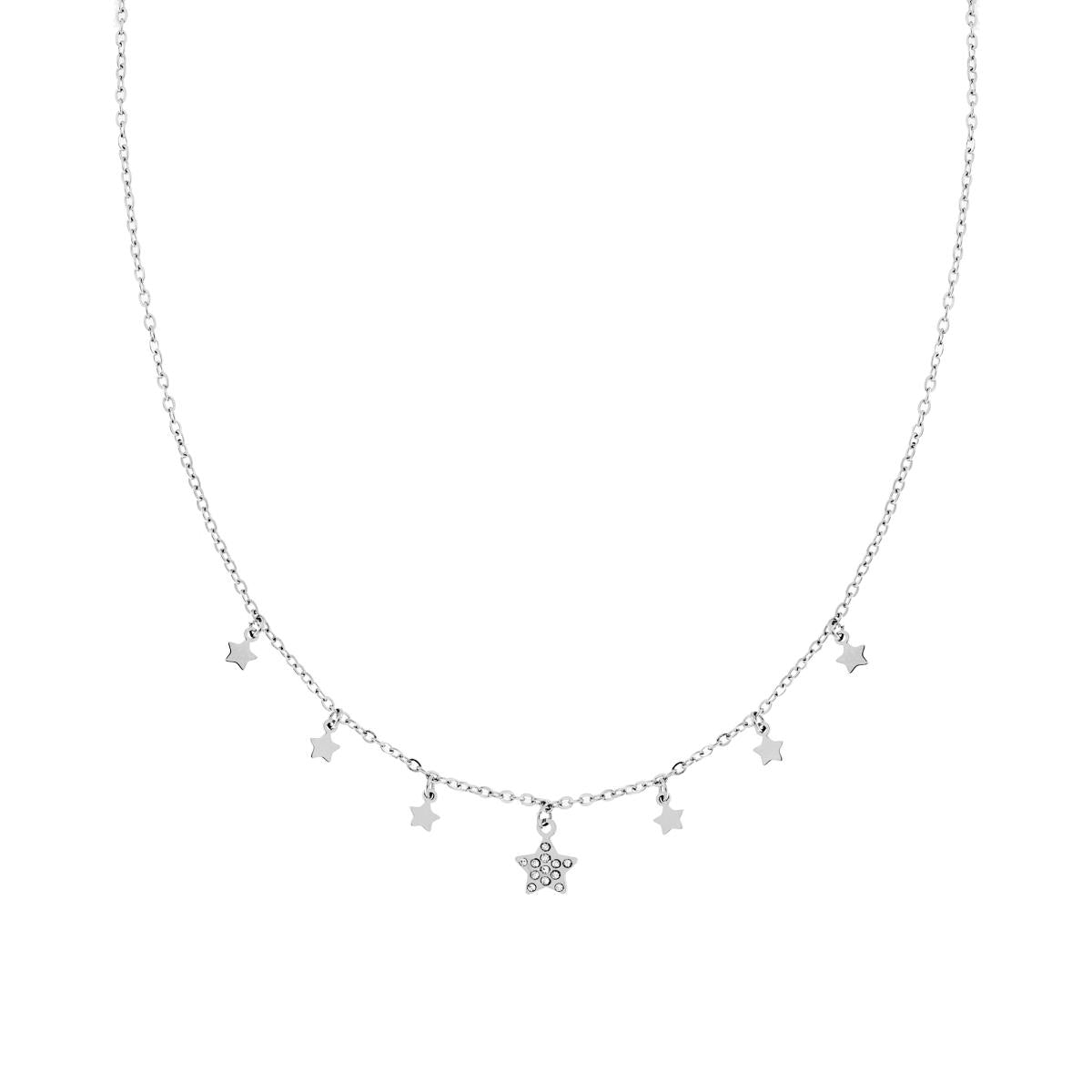 Collana Catena Forzatina con Stelle plain pendenti e Crystal Bianchi in ACCIAIO