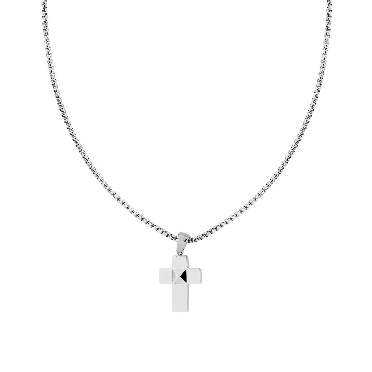 Collana Catena Veneziana Tonda con Croce Bugnata in ACCIAIO<BR>