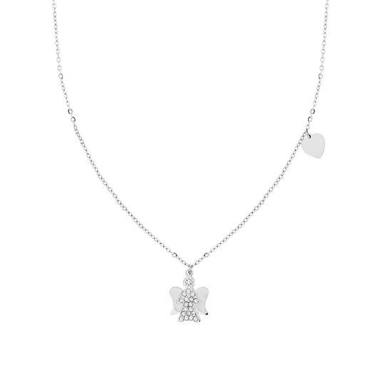 Collana Catena Forzatina Diamantata con Angelo Cuore e Crystal Bianchi in ACCIAIO