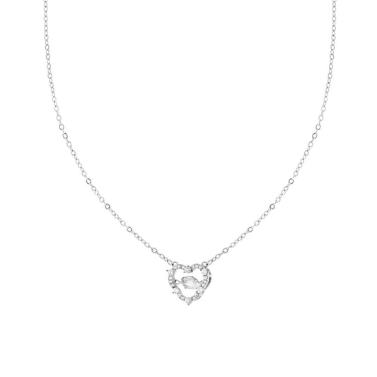 Collana Catena Forzatina Diamantata con Punto Luce e Cuore con Crystal Bianchi in ACCIAIO e OTTONE