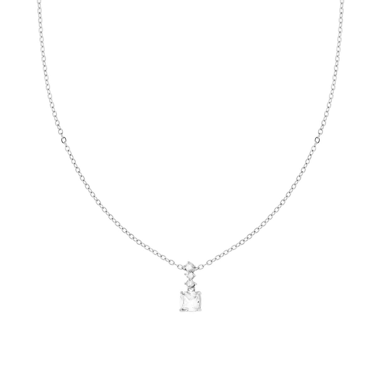 Collana Catena Forzatina Diamantata con Punto Luce Quadrato Cushion e Crystal Bianchi in ACCIAIO e OTTONE