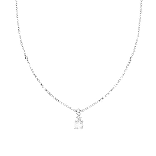 Collana Catena Forzatina Diamantata con Punto Luce Quadrato Cushion e Crystal Bianchi in ACCIAIO e OTTONE