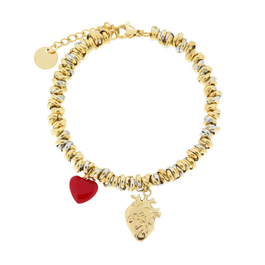 Bracciale Catena di Nodini con Cuore Realistico e Cuore Smalto Rosso in ACCIAIO colore Oro