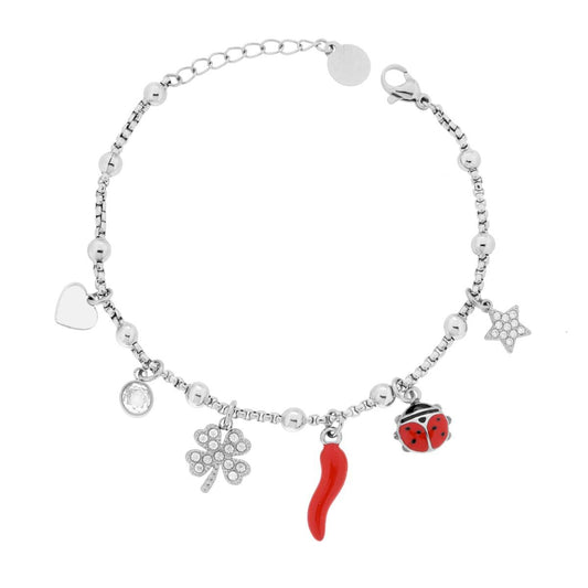 Bracciale Catena Veneziana tonda con Stella Quadrifoglio con Crystal Bianchi Corno Coccinella smalto Rosso Charms portafortuna in ACCIAIO