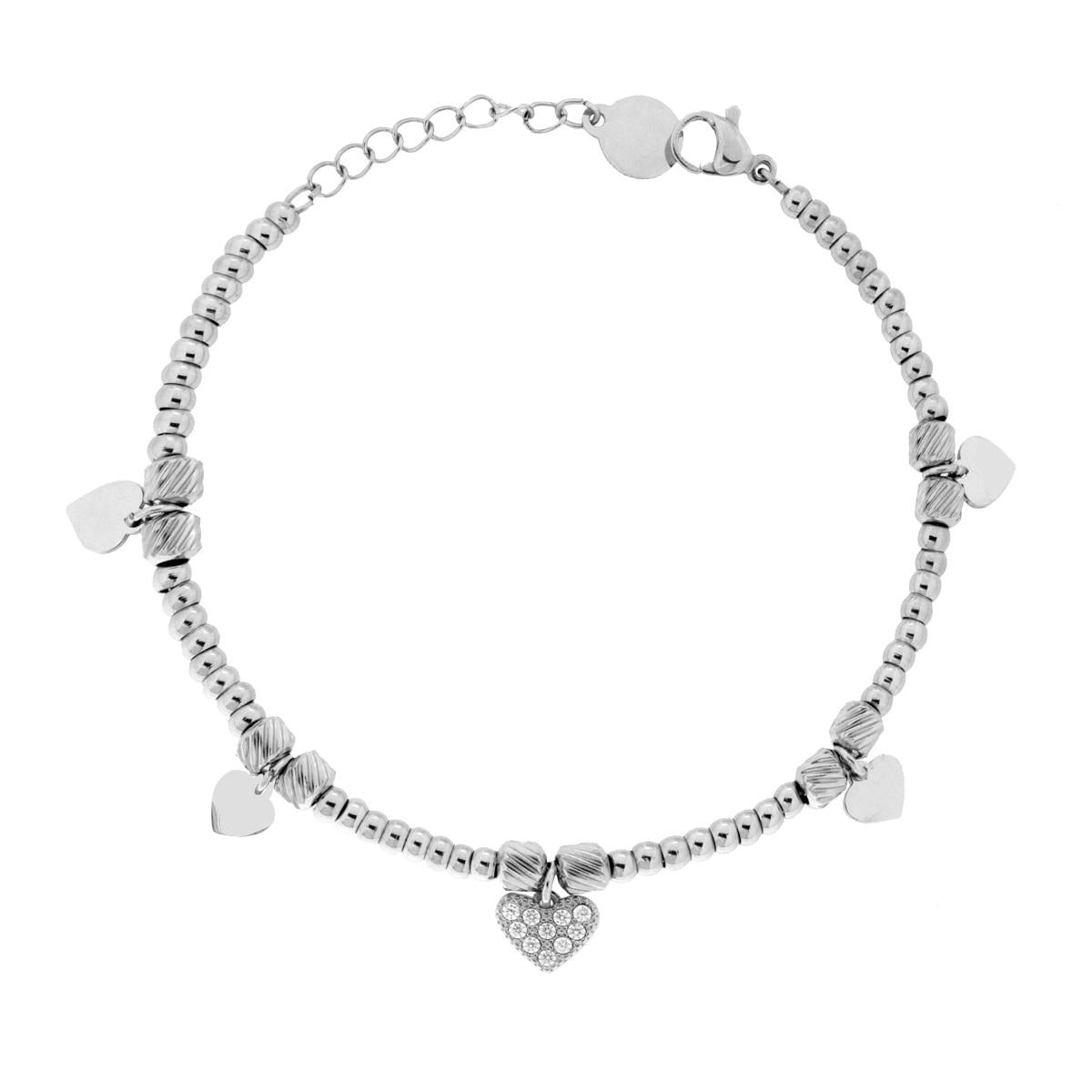 Bracciale Catena Palline con Cuori plain e Crystal Bianchi pendenti in ACCIAIO