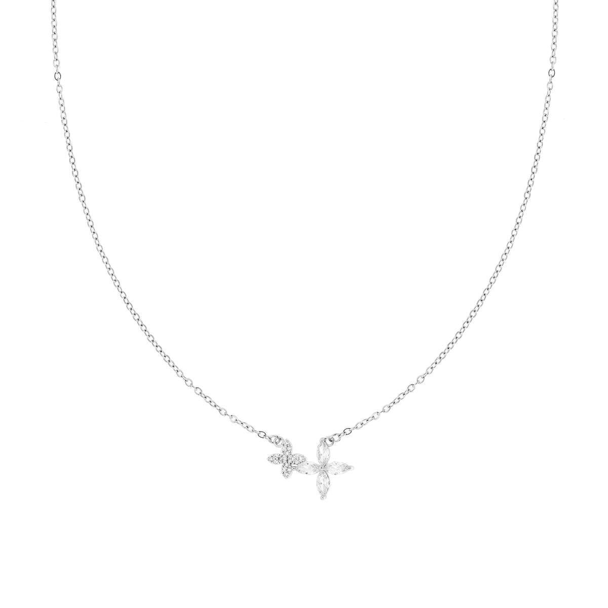 Collana Catena Forzatina Diamantata con Fiori Punto Luce Crystal Bianchi in ACCIAIO e OTTONE