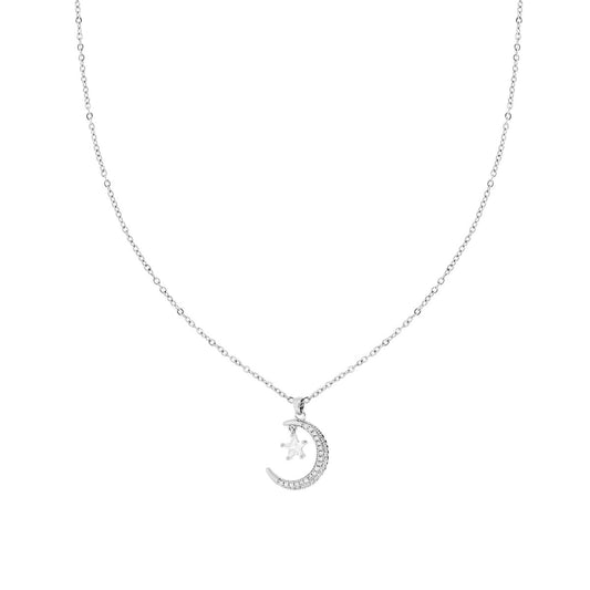Collana Catena Forzatina Diamantata con Stella Luna e Crystal Bianchi in ACCIAIO e OTTONE