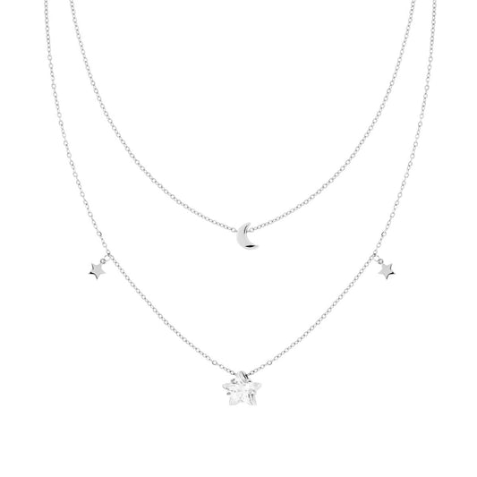 Collana due fili Catena Forzatina Diamantata Luna e Stelle con Crystal Bianchi in ACCIAIO e OTTONE