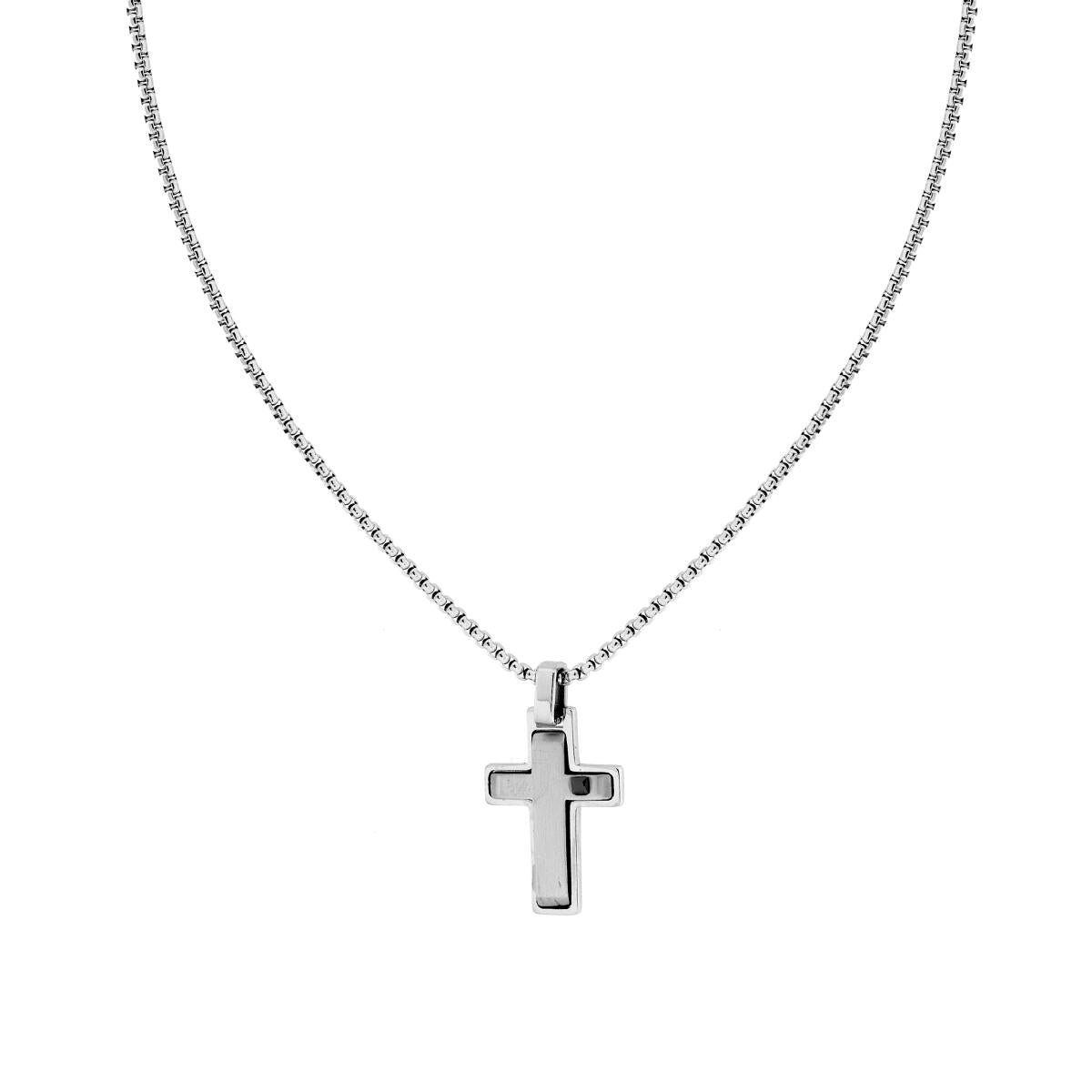 Collana Catena Veneziana Tonda con Croce e Crystal Nero in ACCIAIO