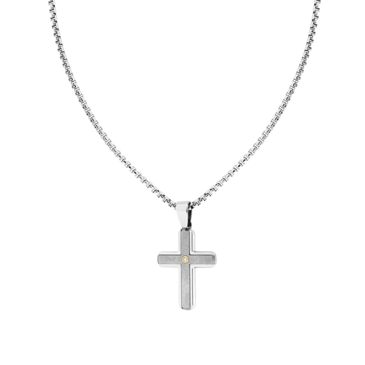 Collana Catena Veneziana Tonda con Croce e Crystal Bianco in ACCIAIO