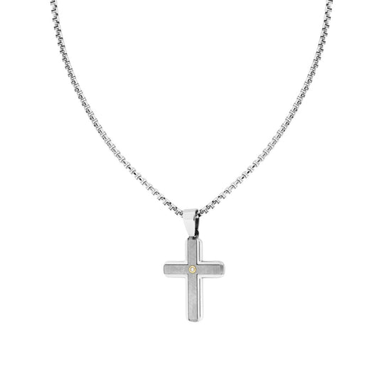 Collana Catena Veneziana Tonda con Croce e Crystal Bianco in ACCIAIO