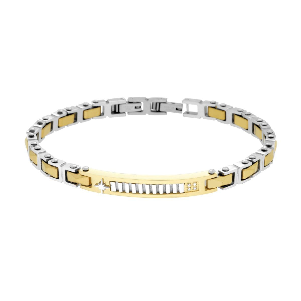 Bracciale Uomo Catena Imperniata con Ceramica e Targa colore Oro con Crystal Bianchi e Rosa dei Venti in ACCIAIO