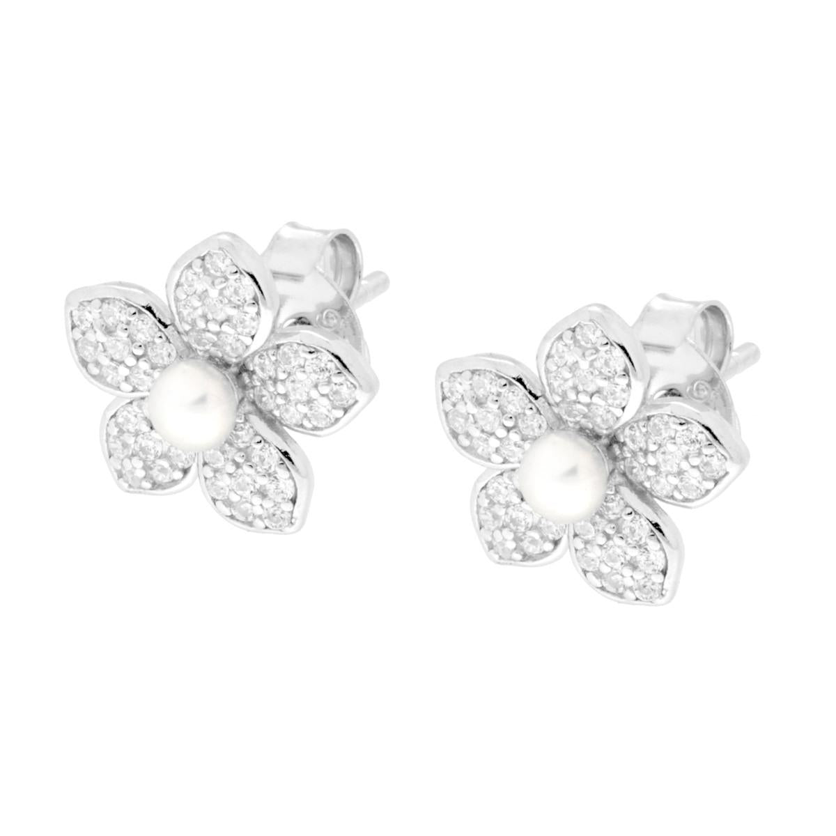 Orecchini Fiore con Cubic Zirconia Bianchi e Perla in ARGENTO 925 Galvanica Rodio