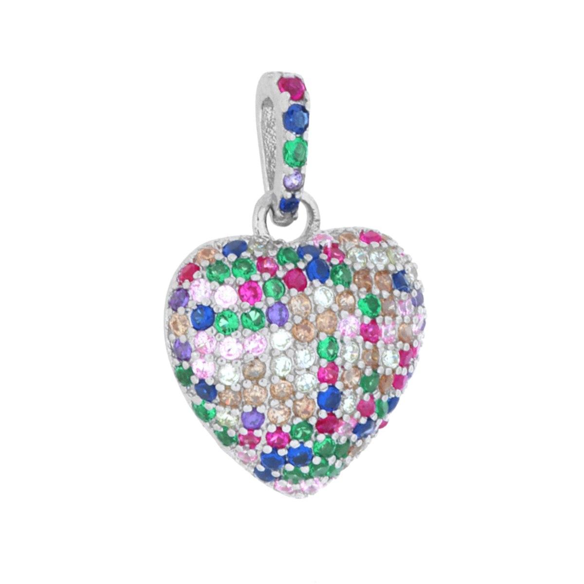 Ciondolo a forma di cuore bombato con cubic zirconia multicolor incastonati.
