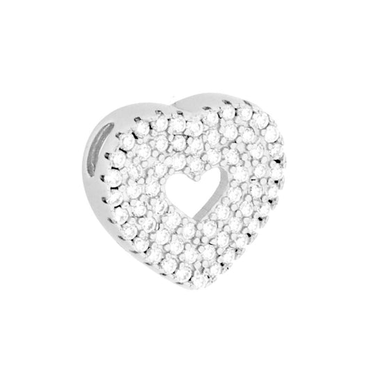 Ciondolo a forma cuore con passante per catena e cubic zirconia bianchi incastonati.<BR>