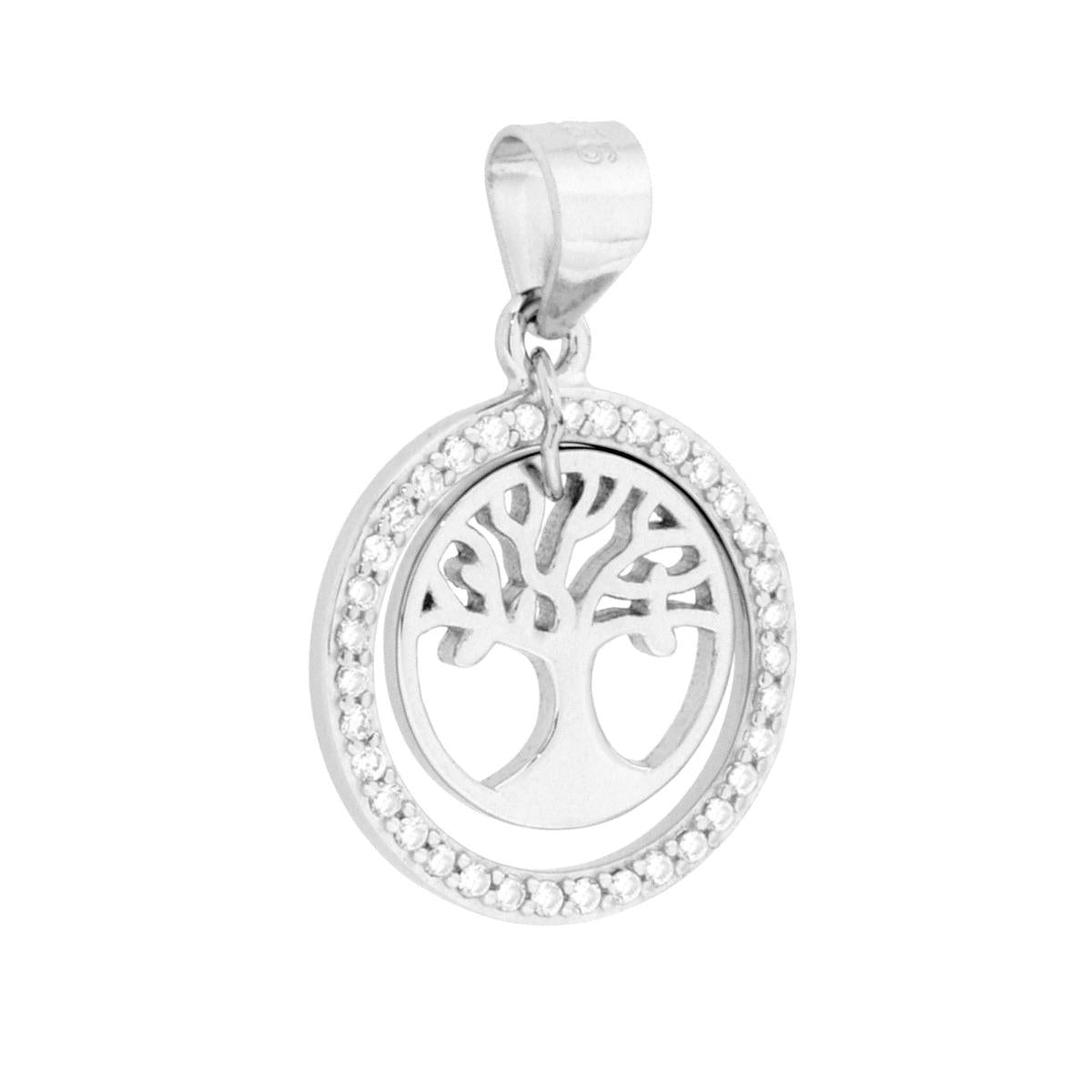 Ciondolo di forma tonda con cubic zirconia bianchi incastonati con pendente interno a forma di albero della vita con finitura liscia e lucida.