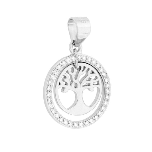 Ciondolo di forma tonda con cubic zirconia bianchi incastonati con pendente interno a forma di albero della vita con finitura liscia e lucida.