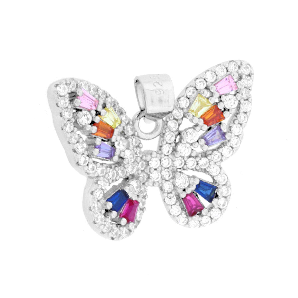 Ciondolo a forma di farfalla con cubic zirconia taglio trapezio multicolor e bianchi incastonati.