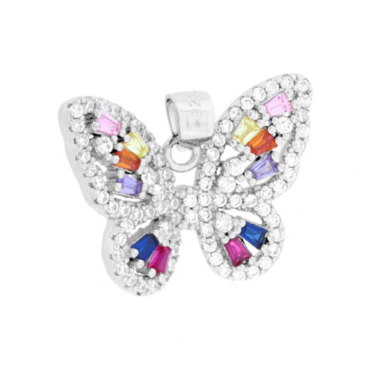 Ciondolo a forma di farfalla con cubic zirconia taglio trapezio multicolor e bianchi incastonati.