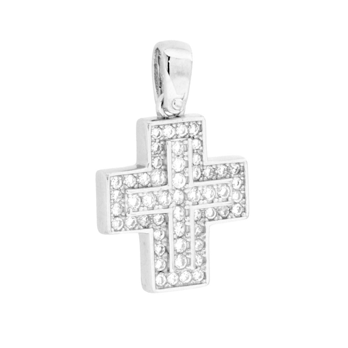 Ciondolo a forma di croce con cubic zirconia bianchi incastonati.<BR>
