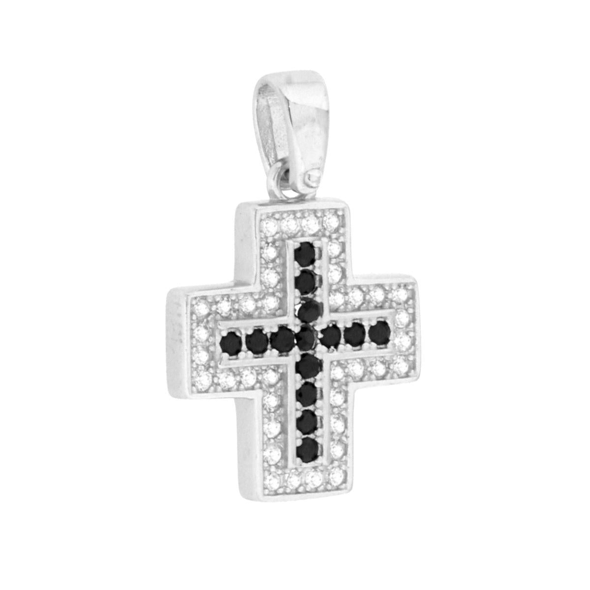 Ciondolo a forma di croce con cubic zirconia neri e bianchi incastonati.<BR>
