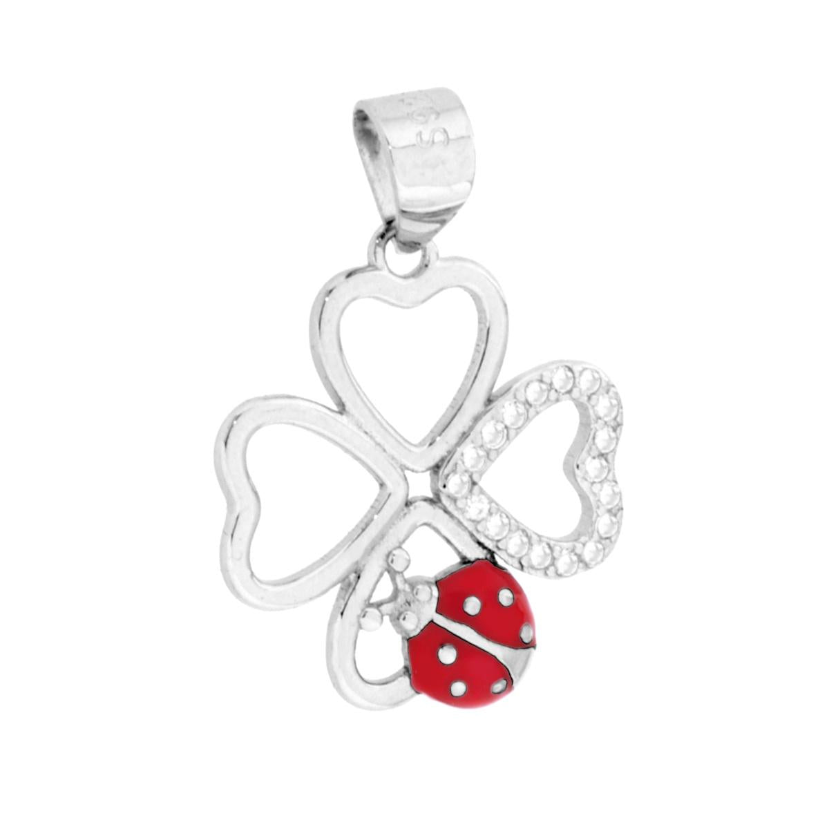 Ciondolo a forma di quadrifoglio con finitura lucida e con cubic zirconia bianchi incastonati, coccinella con applicazione smalto colore rosso e nero.